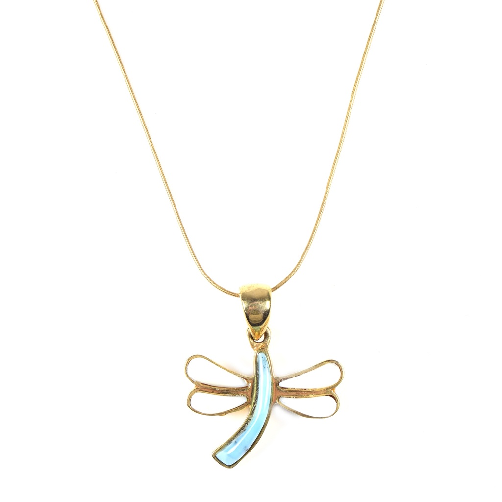 MEDIUM DORATO MOTHER PEARL AND LARIMAR DRAGONFLY NECKLACE