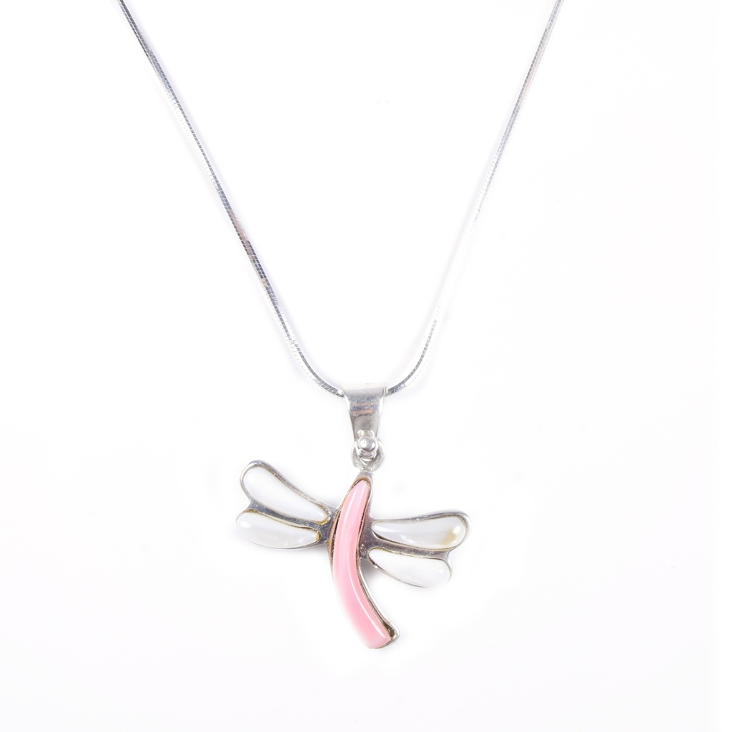 MEDIUM SILVER MOTHER PERAL AND PINK SEA SHELL DRAGONFLY NECKLACE