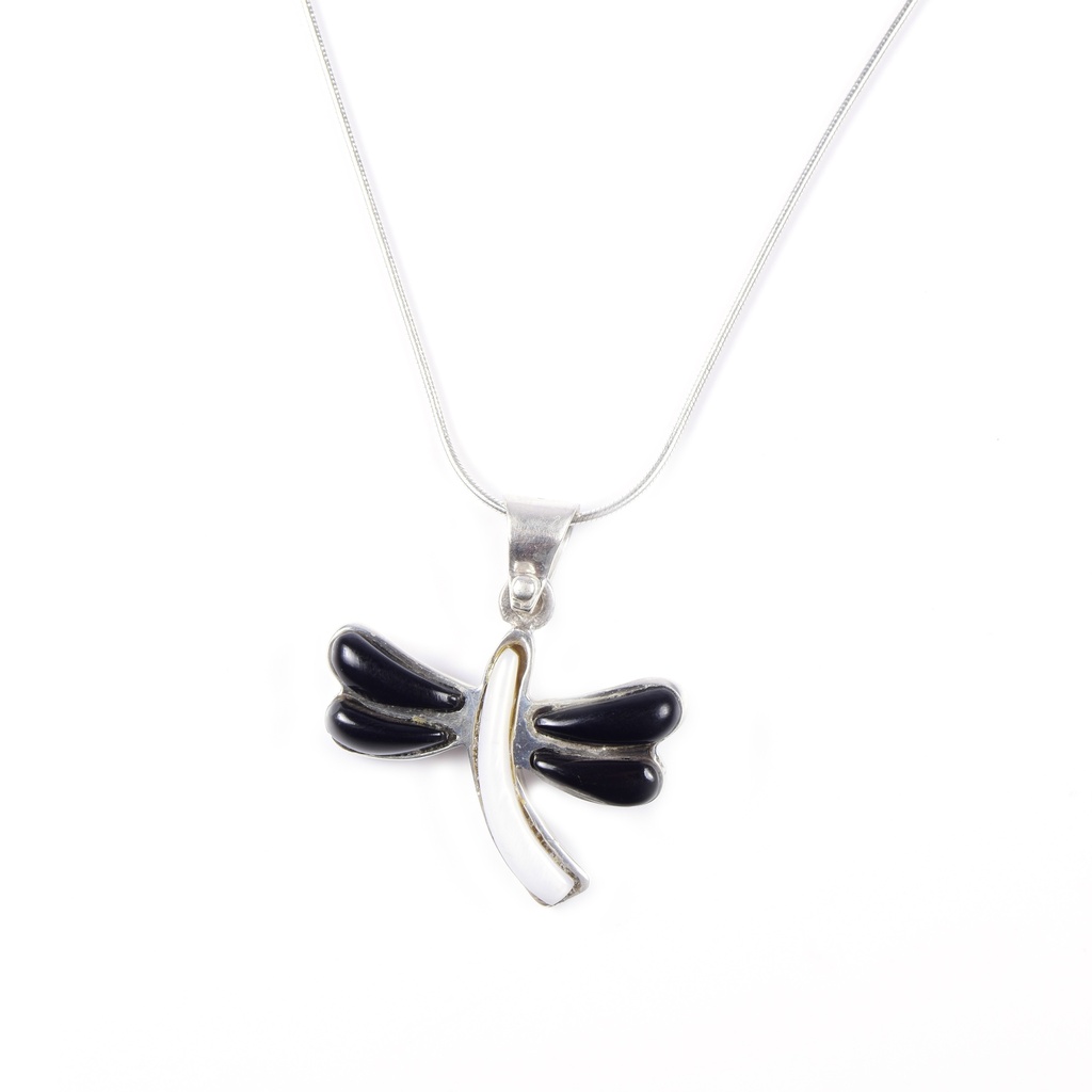 MEDIUM SILVER COW HORN AND MOTHER PERAL DRAGONFLY NECKLACE