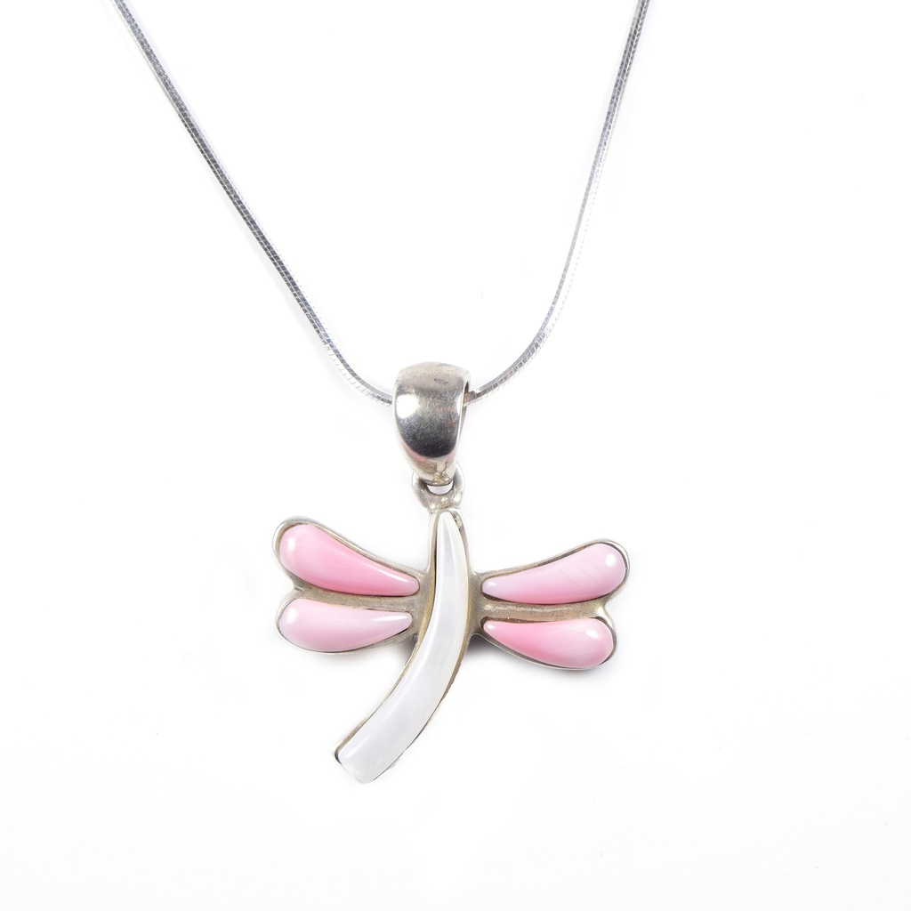 MEDIUM SILVER PINK SEA SHELL AND MOTHER PEARL DRAGONFLY NECKLACE