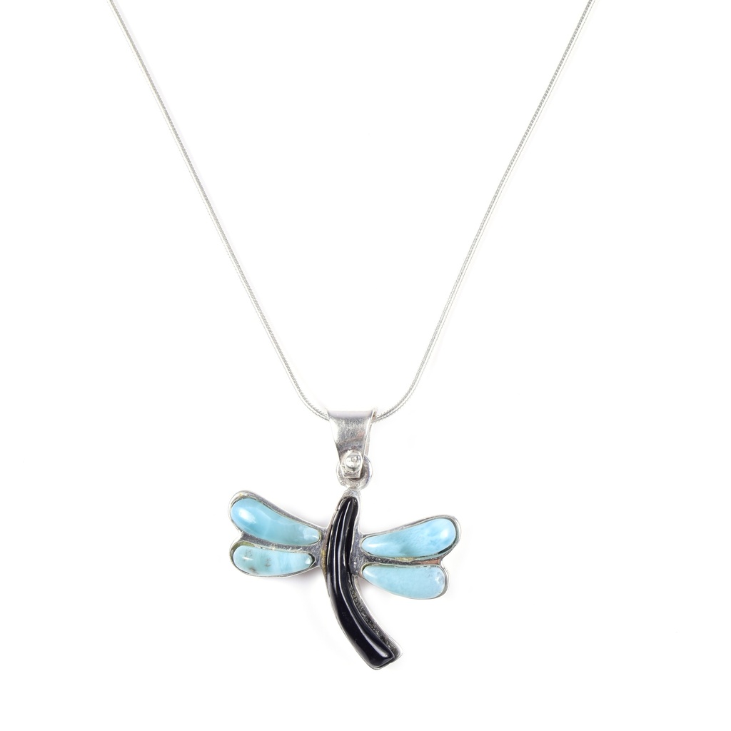 MEDIUM SILVER LARIMAR AND COW HORN DRAGONFLY NECKLACE