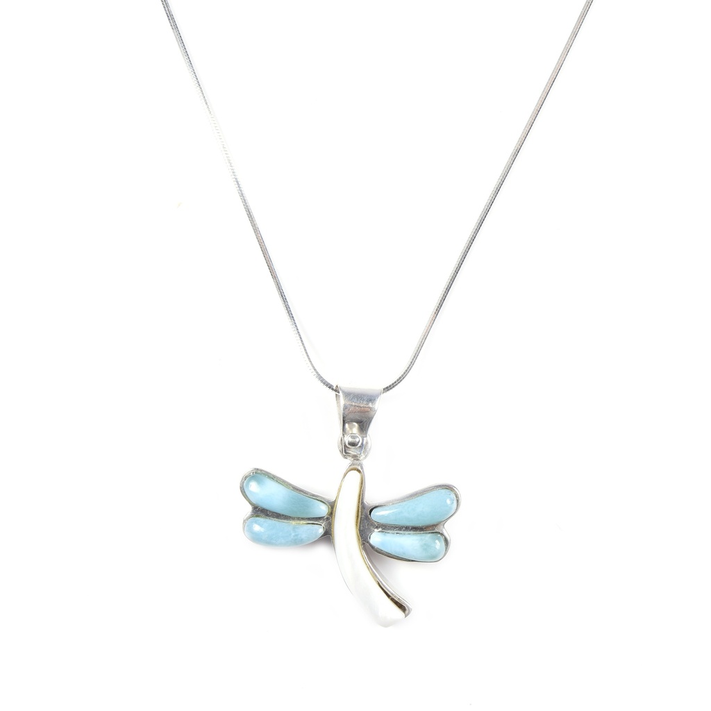 MEDIUM SILVER LARIMAR AND MOTHER PEARL DRAGONFLY NECKLACE
