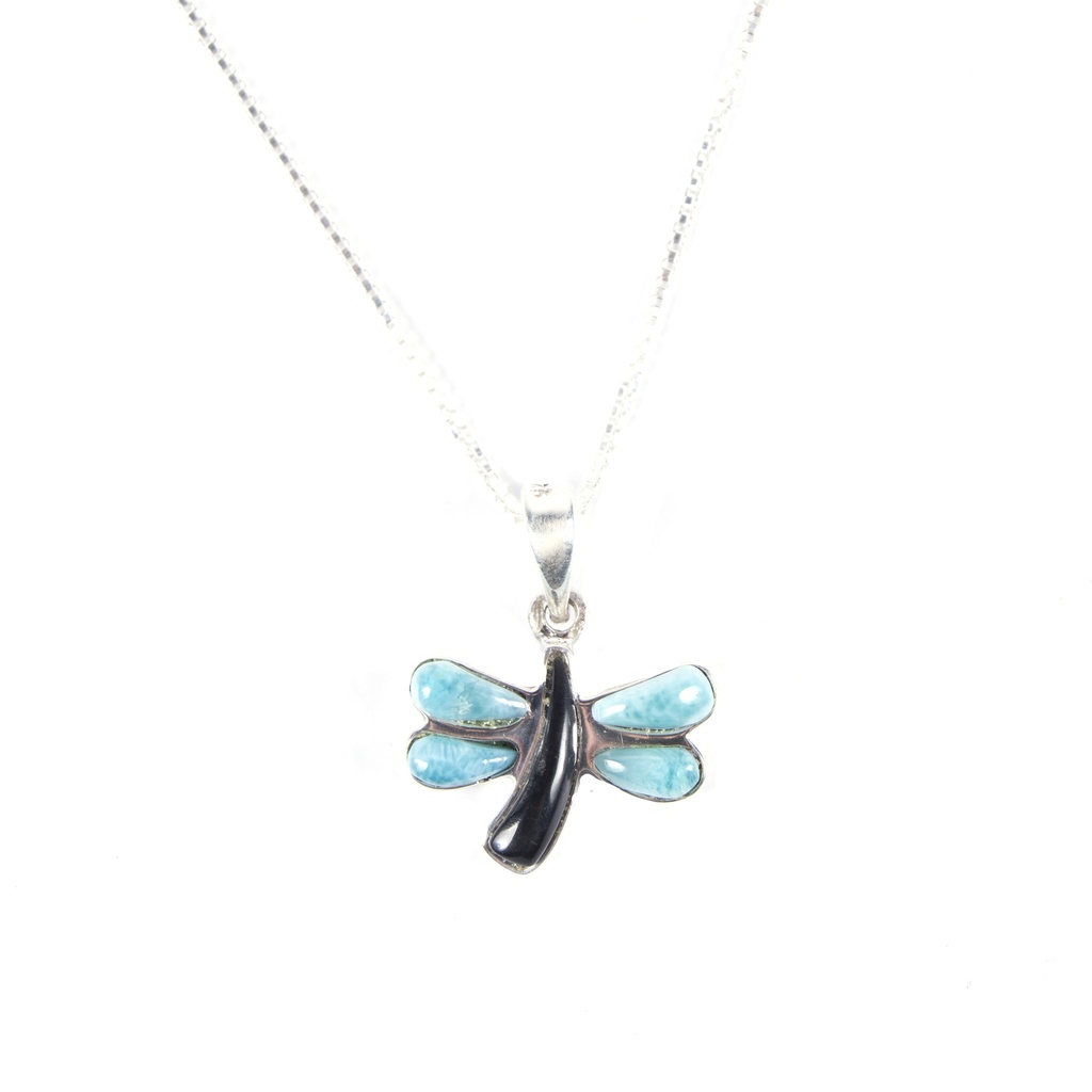 SMALL SILVER LARIMAR AND COW HORN DRAGONFLY NECKLACE