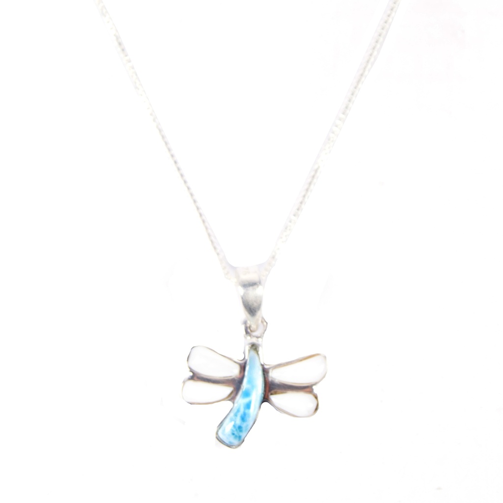 SMALL SILVER MOTHER PEARL AND LARIMAR DRAGONFLY NECKLACE