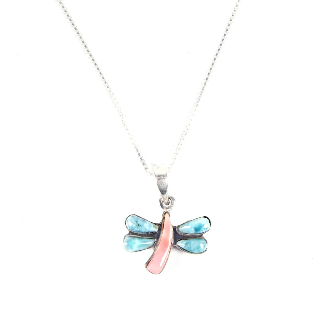 SMALL SILVER LARIMAR AND PINK SEA SHELL DRAGONFLY NECKLACE