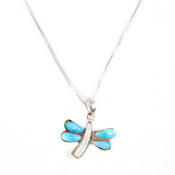 SMALL SILVER LARIMAR AND MOTHER PEARL DRAGONFLY NECKLACE