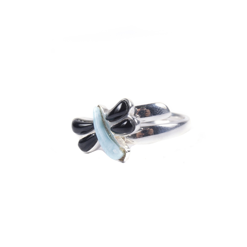 SMALL SILVER COW HORN AND LARIMAR DRAGONFLY RING