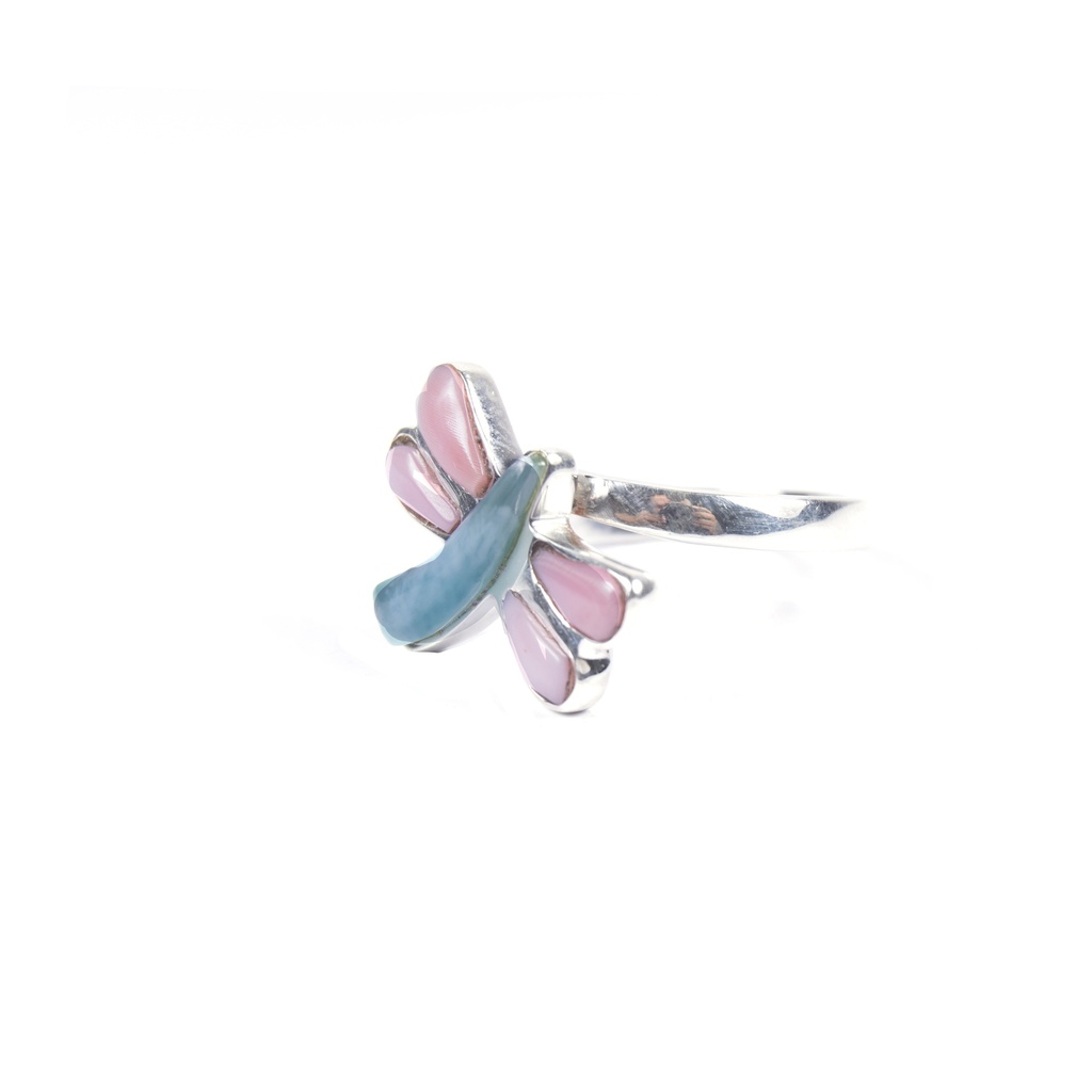 SMALL SILVER PINK SEA SHELL AND LARIMAR DRAGONFLY RING