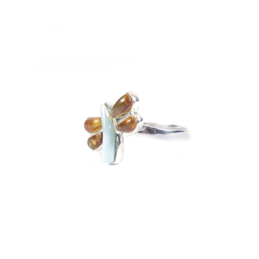 SMALL SILVER AMBER AND LARIMAR DRAGONFLY RING