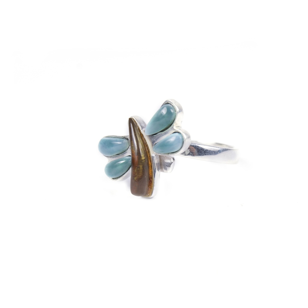 SMALL SILVER LARIMAR AND AMBER DRAGONFLY RING