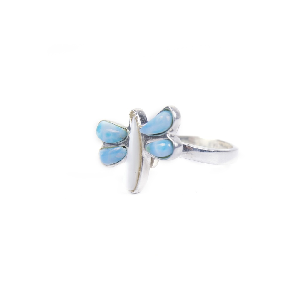 SMALL SILVER LARIMAR AND MOTHER PERAL DRAGONFLY RING