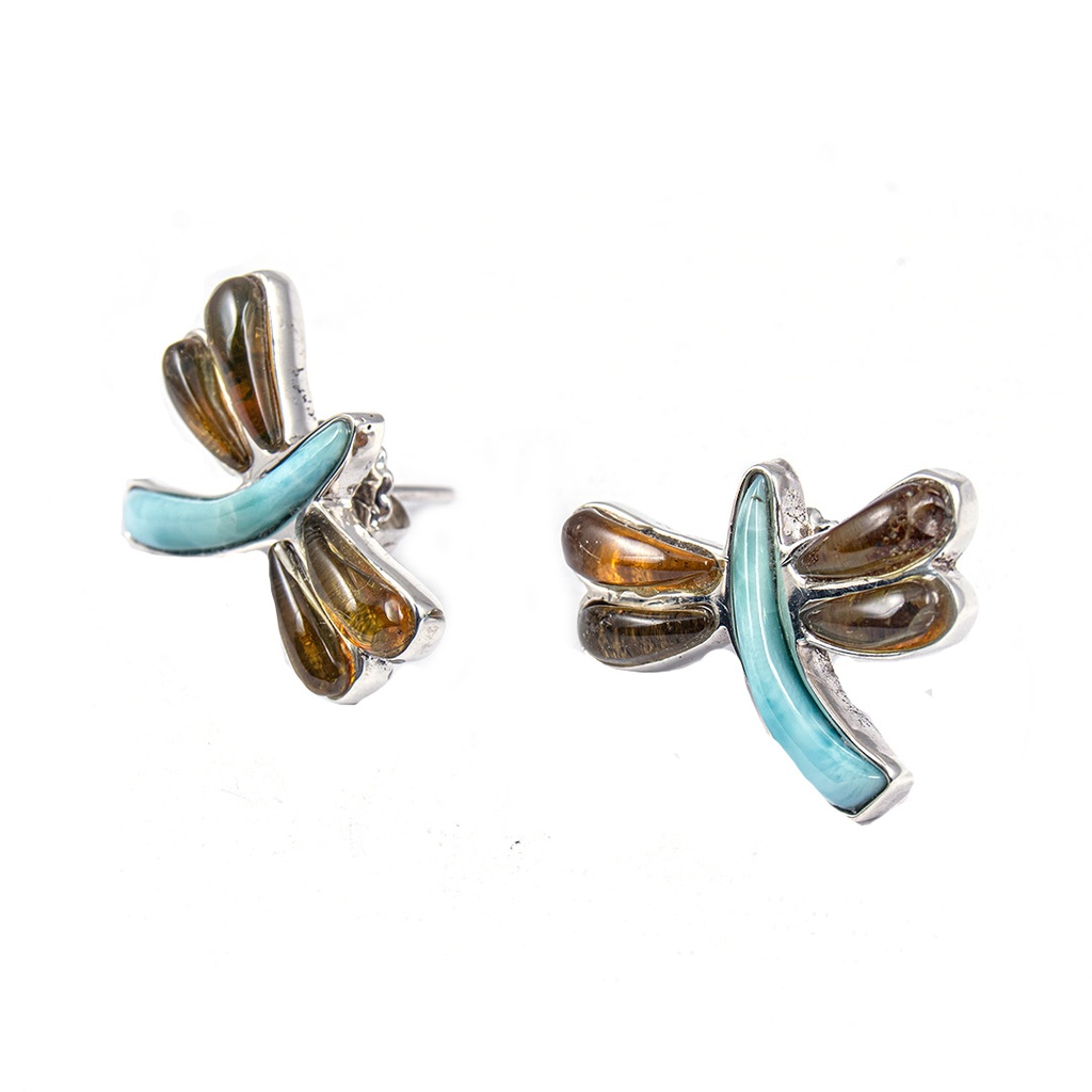 MEDIUM SILVER AMBER AND LARIMAR DRAGONFLY EARRINGS