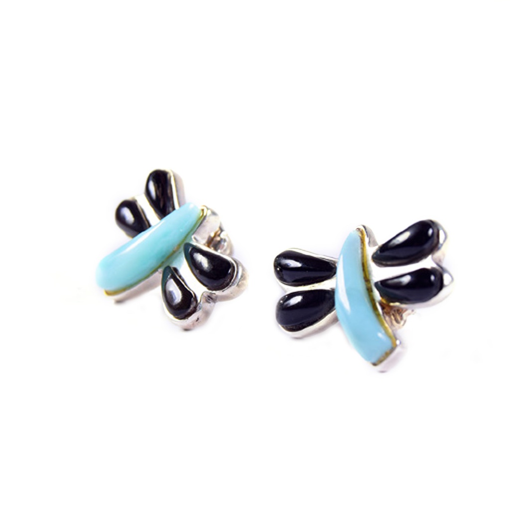 SMALL SILVER COW HORN AND LARIMAR DRAGONFLY EARRINGS