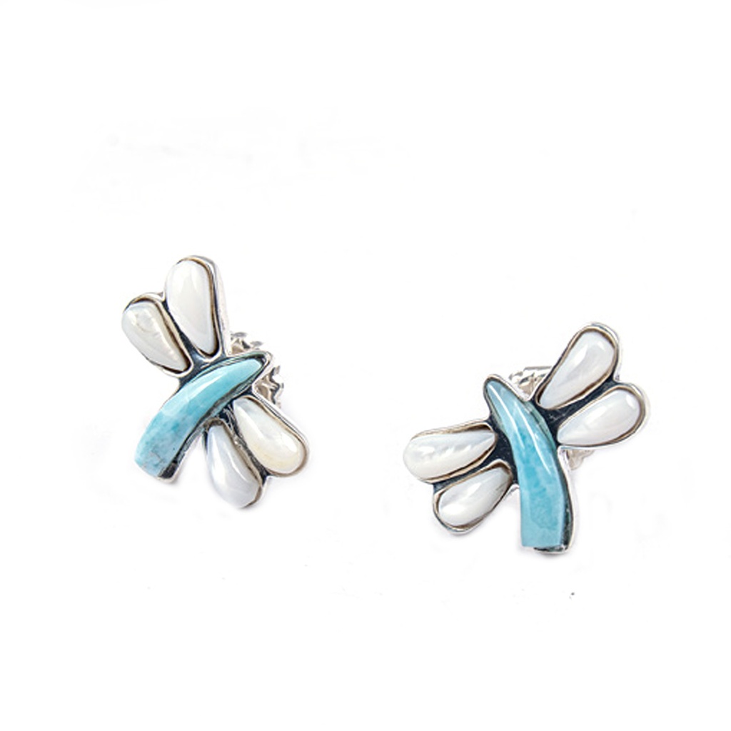 SMALL SILVER MOTHER PEARL AND LARIMARDRAGONFLY EARRINGS