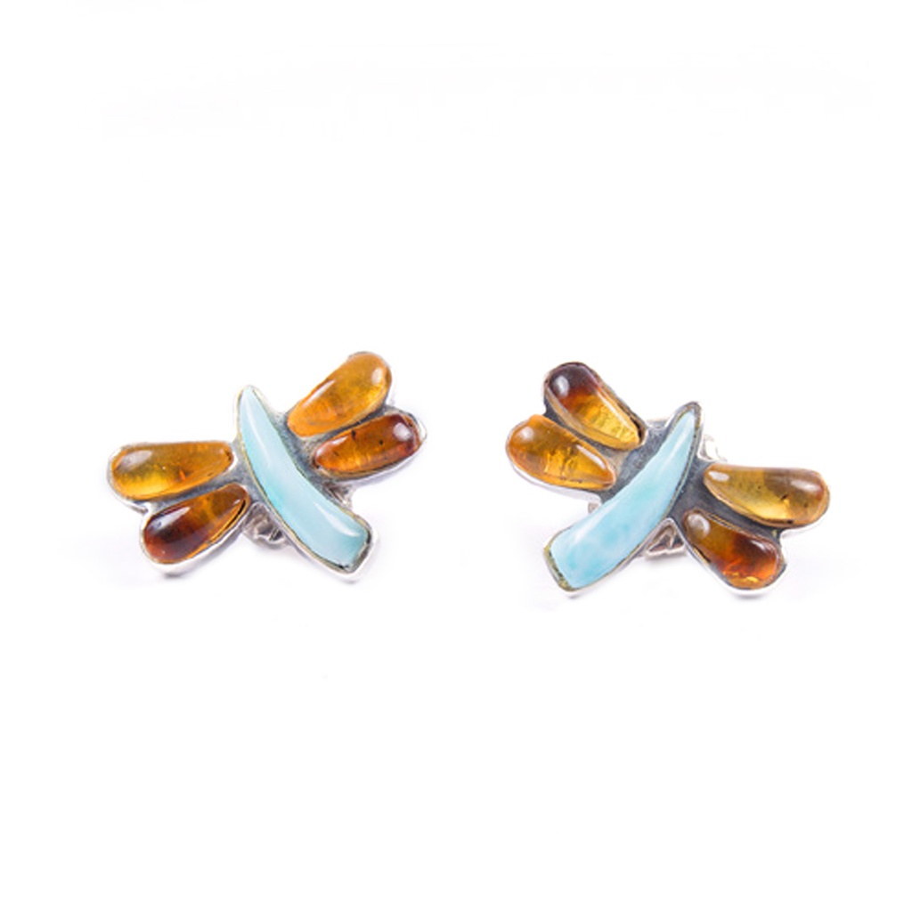 SMALL SILVER AMBER AND LARIMAR DRAGONFLY EARRINGS