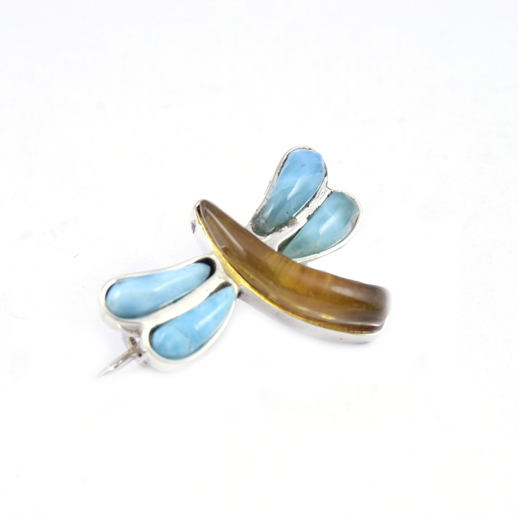 MEDIUM SILVER LARIMAR AND AMBER DRAGONFLY PIN