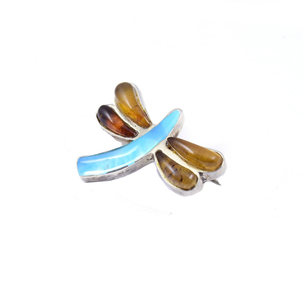 MEDIUM SILBER AMBER AND LARIMAR DRAGONFLY PIN