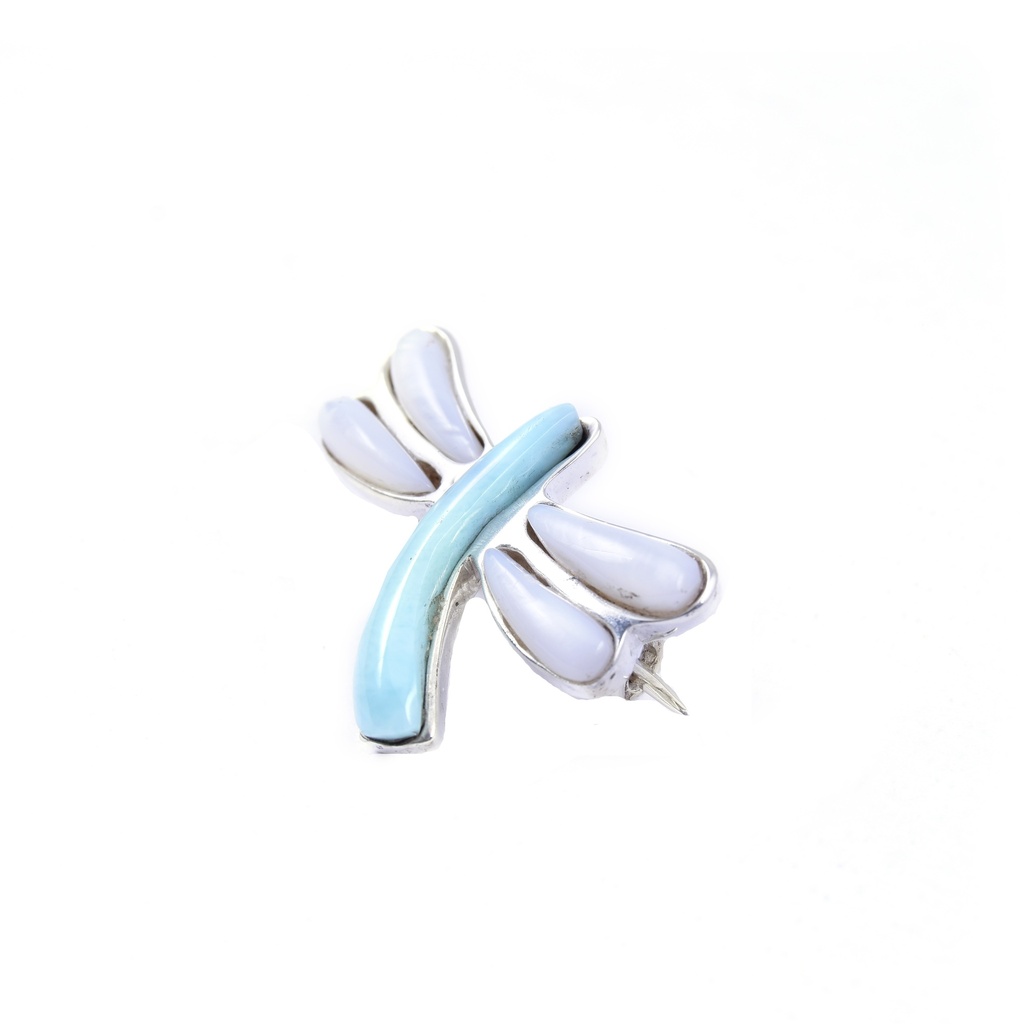 MEDIUM SILVER MOTHER PEARL AND LARIMAR DRAGONFLY PIN