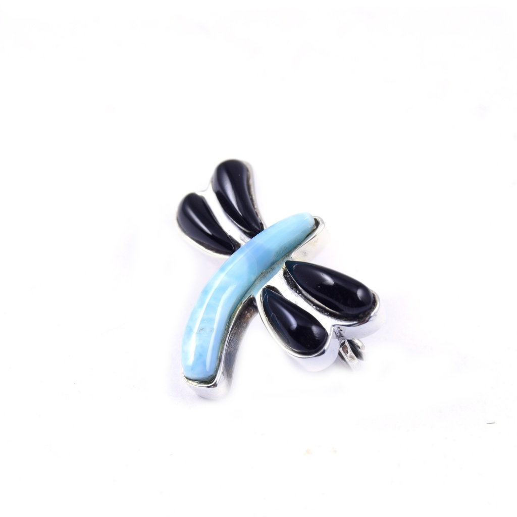 MEDIUM SILVER COW HORN AND LARIMAR DRAGONFLY PIN
