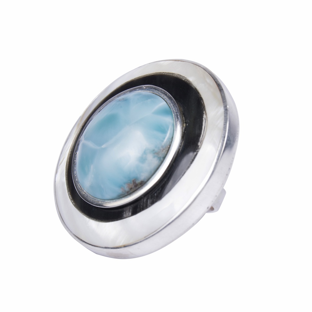 BIG SILVER MOTHER PEARL, COW HORN AND LARIMAR LUZ RING