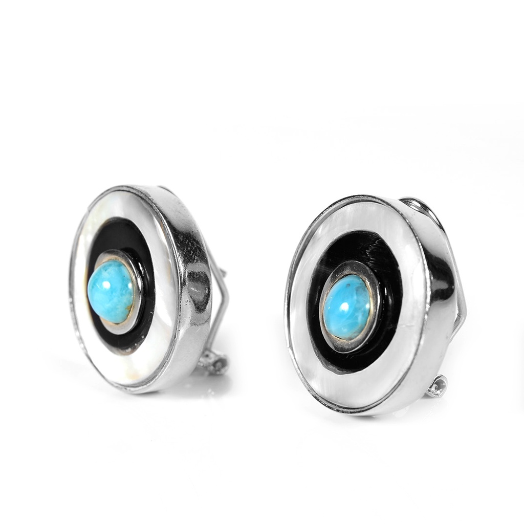 SMALL SILVER MOTHER PEARL, COW HORN AND LARIMAR LUZ EARRINGS
