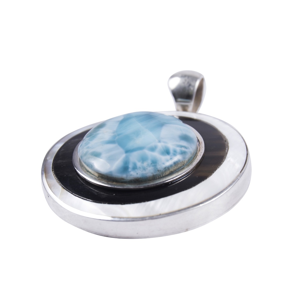 BIG SILVER MOTHER PEARL, COW HORN AND LARIMAR LUZ PENDANT