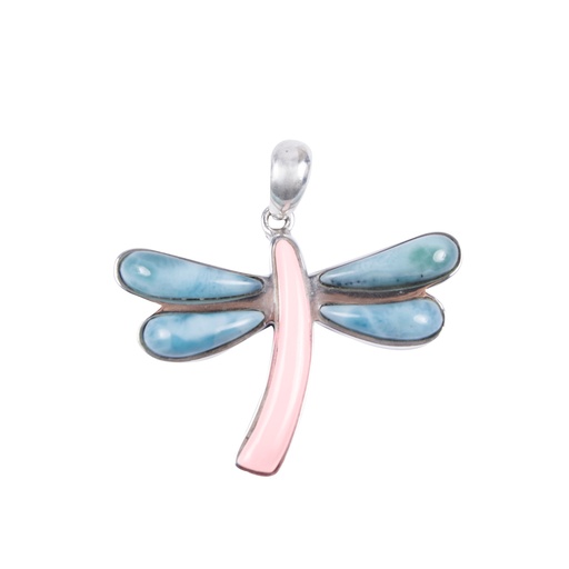 [31110] BIG SILVER LARIMAR AND PINK SEA SHELL DRAGONFLY PENDANT