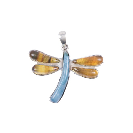 [30151] BIG SILVER AMBER AND LARIMAR DRAGONFLY PENDANT
