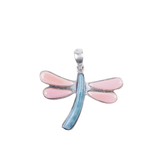 [31577] BIG SILVER PINK SEA SHELL AND LARIMAR DRAGONFLY PENDANT