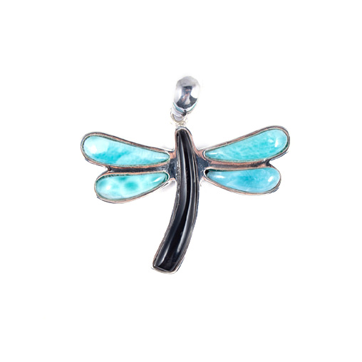 [31908] BIG SILVER LARIMAR AND COW HORN DRAGONFLY PENDANT