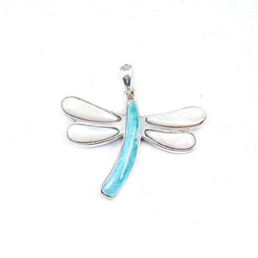 [31909] BIG SILVER MOTHER PEARL AND LARIMAR DRAGONFLY PENDANT