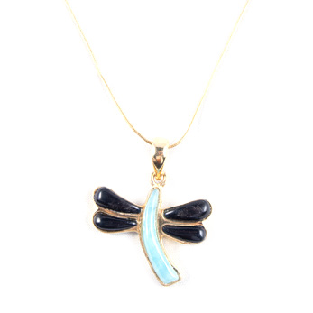 [30819] MEDIUM DORATO COW HORN AND LARIMAR DRAGONFLY NECKLACE