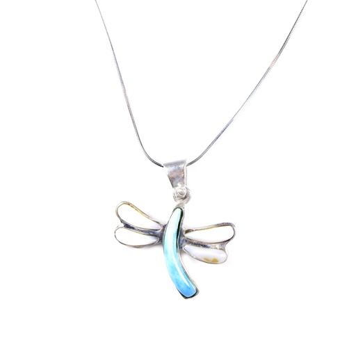 [30155] MEDIUM SILVER MOTHER PEARL AND LARIMAR DRAGONFLY NECKLACE