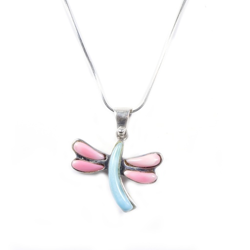 [30156] MEDIUM SILVER PINK SEA SHELL AND LARIMAR DRAGONFLY NECKLACE
