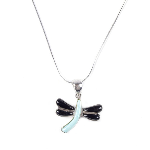 [30157] MEDIUM SILVER COW HORN AND LARIMAR DRAGONFLY NECKLACE