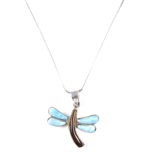 [30159] MEDIUM SILVER LARIMAR AND AMBER DRAGONFLY NECKLACE