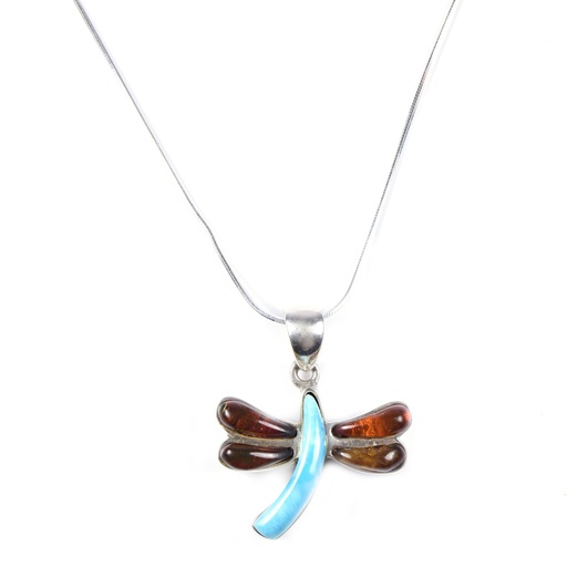 [30161] MEDIUM SILVER AMBER AND LARIMAR DRAGONFLY NECKLACE