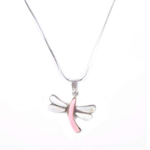 [31228] MEDIUM SILVER MOTHER PERAL AND PINK SEA SHELL DRAGONFLY NECKLACE