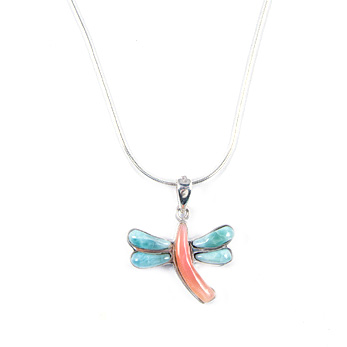 [31565] MEDIUM SILVER LARIMAR AND PINK SEA SHELL DRAGONFLY NECKLACE