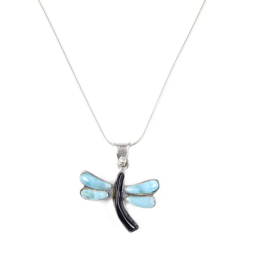 [31566] MEDIUM SILVER LARIMAR AND COW HORN DRAGONFLY NECKLACE
