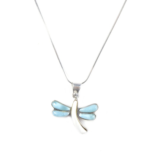 [31567] MEDIUM SILVER LARIMAR AND MOTHER PEARL DRAGONFLY NECKLACE