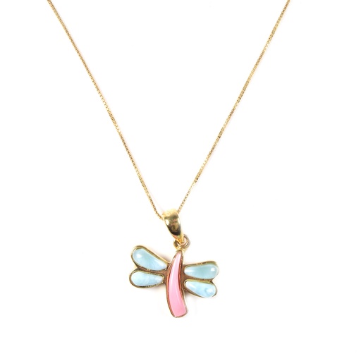 [31897] SMALL DORATO LARIMAR AND PINK SEA SHELL DRAGONFLY NECKLACE