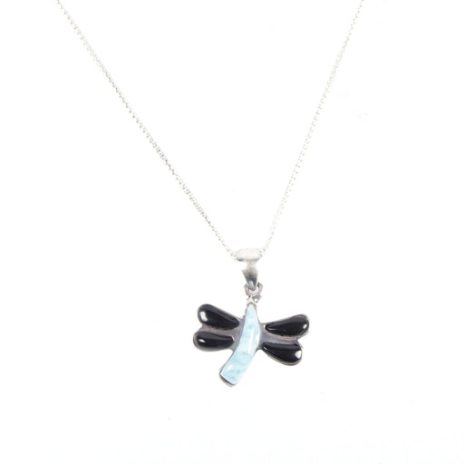 [30172] SMALL SILVER COW HORN AND LARIMAR DRAGONFLY NECKLACE