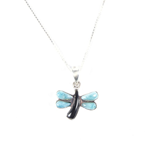 [30173] SMALL SILVER LARIMAR AND COW HORN DRAGONFLY NECKLACE