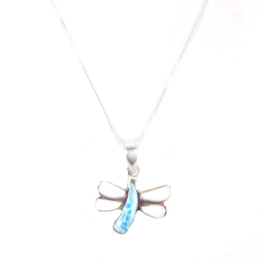 [30174] SMALL SILVER MOTHER PEARL AND LARIMAR DRAGONFLY NECKLACE