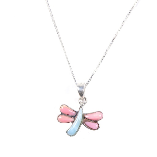 [30175] SMALL SILVER PINK SEA SHELL AND LARIMAR DRAGONFLY NECKLACE