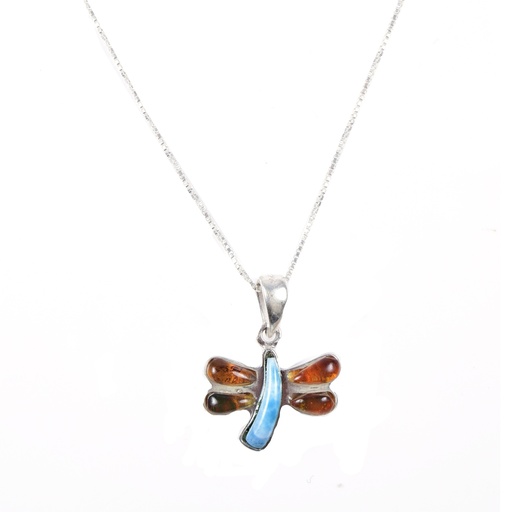 [30177] SMALL SILVER AMBER AND LARIMAR DRAGONFLY NECKLACE