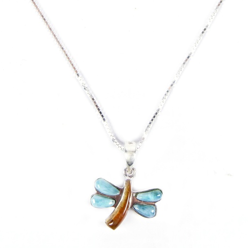 [30178] SMALL SILVER LARIMAR AND AMBER DRAGONFLY NECKLACE