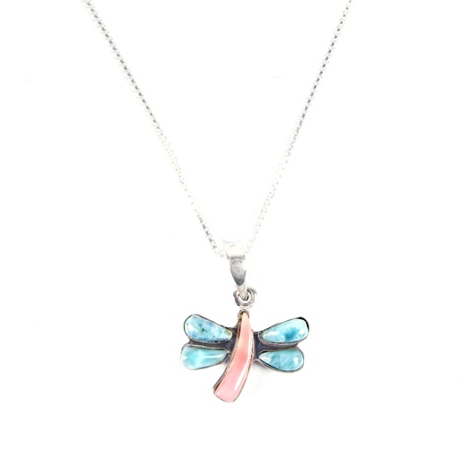 [31578] SMALL SILVER LARIMAR AND PINK SEA SHELL DRAGONFLY NECKLACE