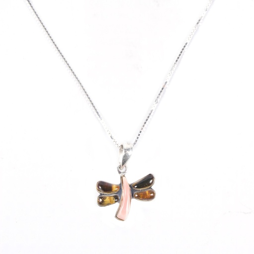 [31581] SMALL SILVER AMBER AND PINK SEA SHELL DRAGONFLY NECKLACE